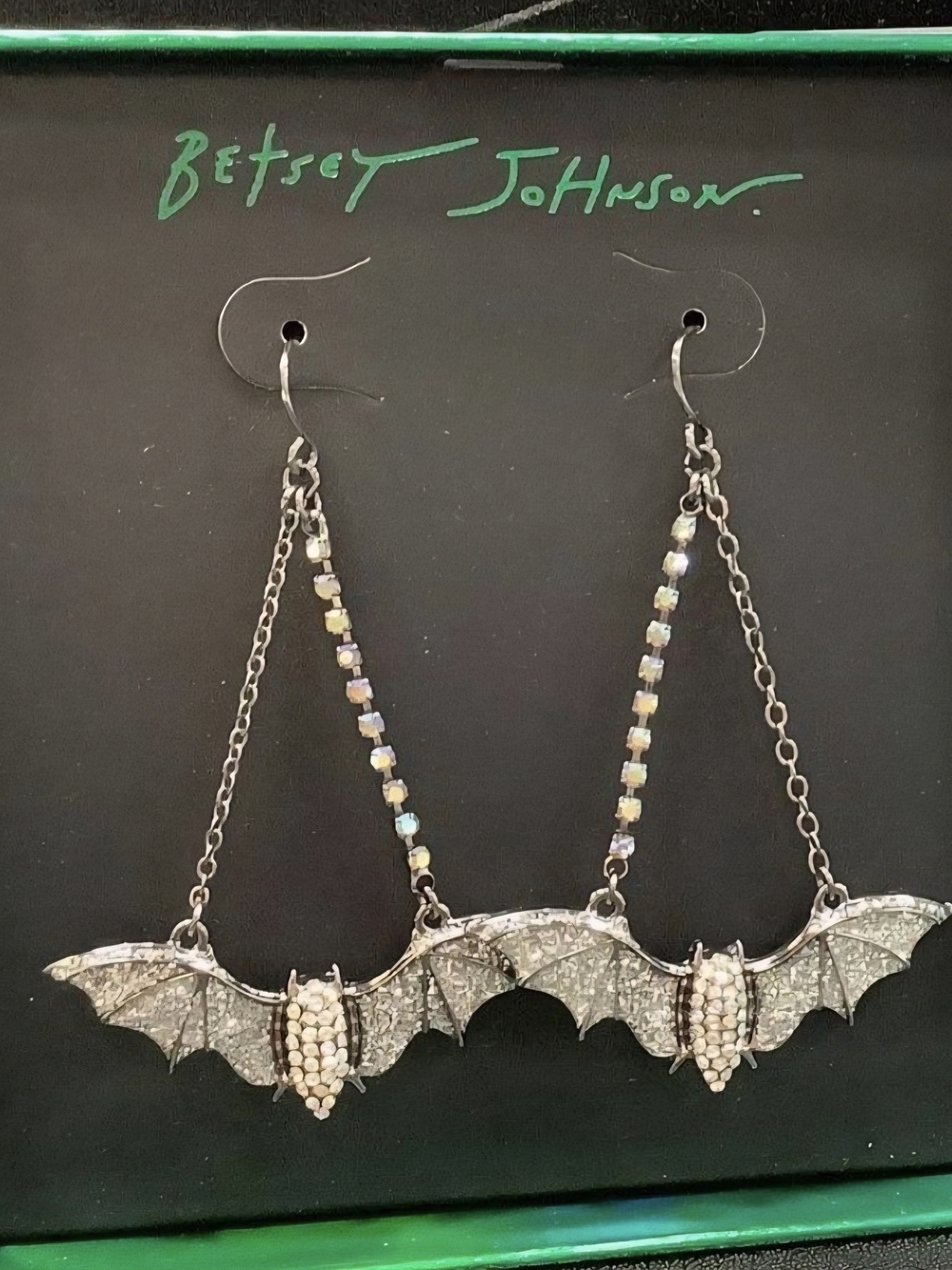 Betsey Johnson Silver Bat Drop Earrings with Crystal Accents